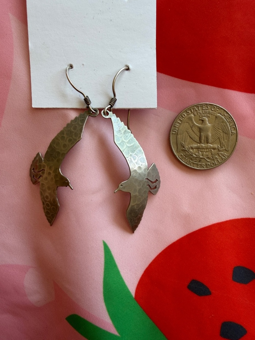 EUC WILDBRYDE Hammered Silver Bird Drop Earrings - Silver HANDMADE